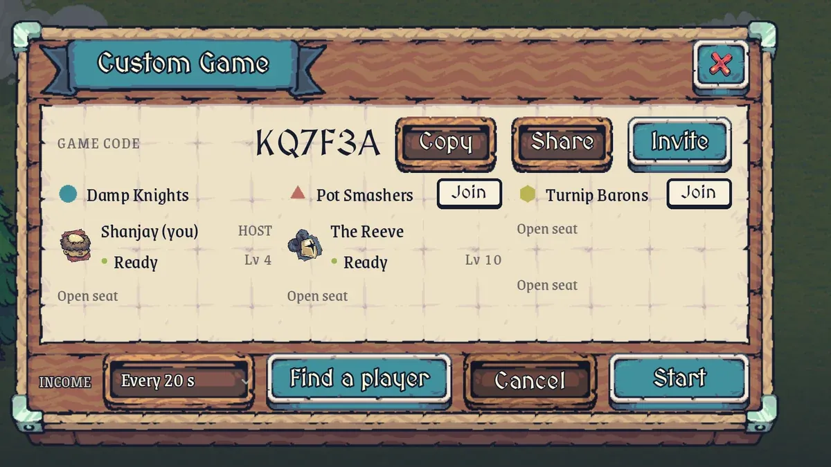 A Custom Game with a code to share, friends seated on their teams and ready