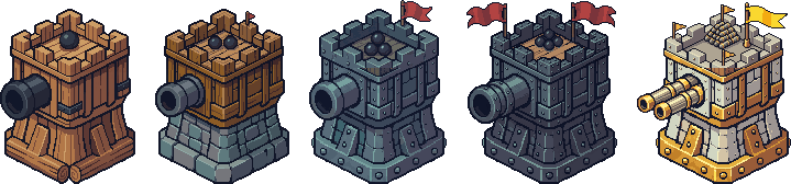 A cannon tower ranking up from wood to a twin-barrelled fort