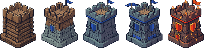 A keep tower ranking up from logs to stone, then to dark or burning stone