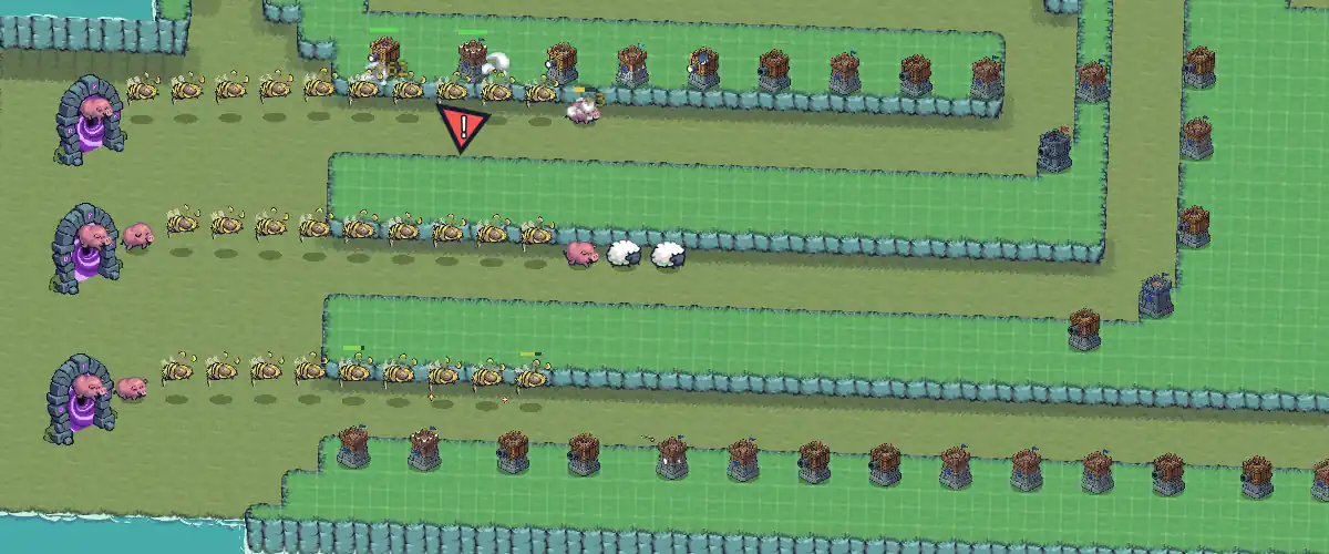 Three portals pour creeps down three lanes into lines of firing towers
