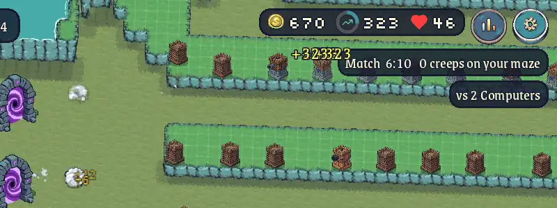 A match against two computer players, income climbing as creeps are sent